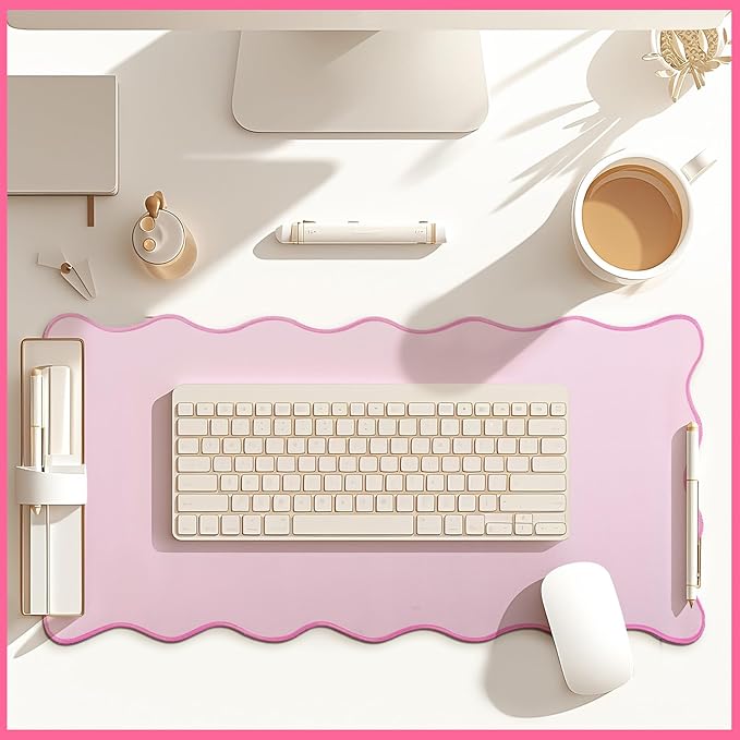 Scalloped Desk Mat Large Scalloped Piping Cute Desk Mat Aesthetic Preppy Table Pad Large Nonslip Pad with Edge Stitching Waterproof Gaming(Pink,23.62 x 13.78 Inches)