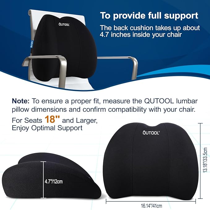 QUTOOL Lumbar Support Pillow for Office Chair, Memory Foam Low Back Cushion, Ergonomic Back Support for Desk Chair, Gaming Chair, Adjustable Strap and Washable Cover