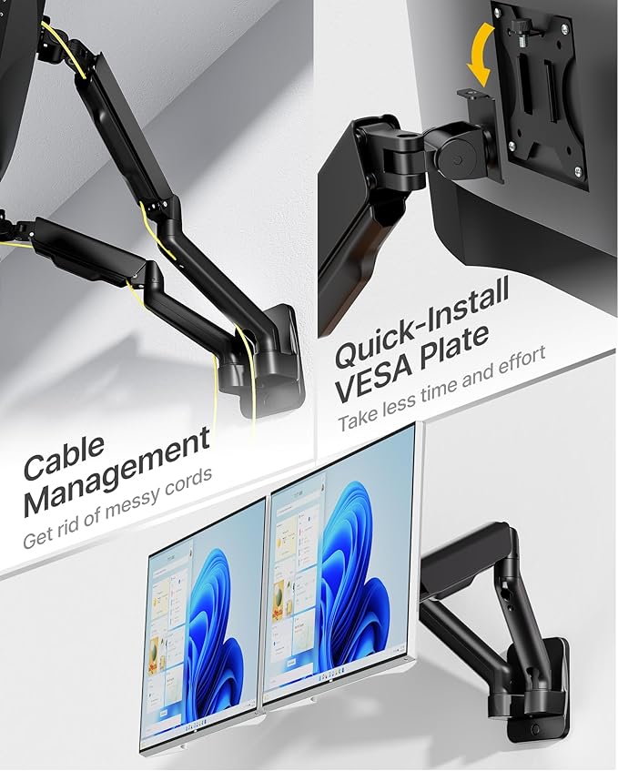 monTEK Dual Monitor Wall Mount for 17 to 32 inch Flat/Curved Screens, Each Holds to 19.8 lbs, Full Motion Adjustable Mechanical Spring Monitor Arm, 75x75/100x100 VESA Wall Mount, Black