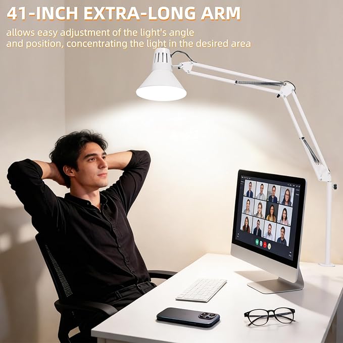 Desk Lamp With Clamp for Home Office, Eye-Caring Clip on Light with Adjustable Extra Tall Metal Swing Arm, High Intensity Clamp Lamp w/LED Bulb, Architect Task Table Lamps for Study, Workbench-W/5000k