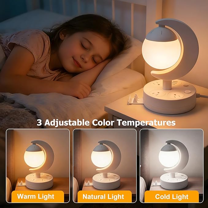 Table Lamp with USB Charging Port & AC Outlet, 3-Color Dimmable LED Desk Lamp, Eye-Caring Bedside Nightstand Light for Bedroom, Home Office & Living Room