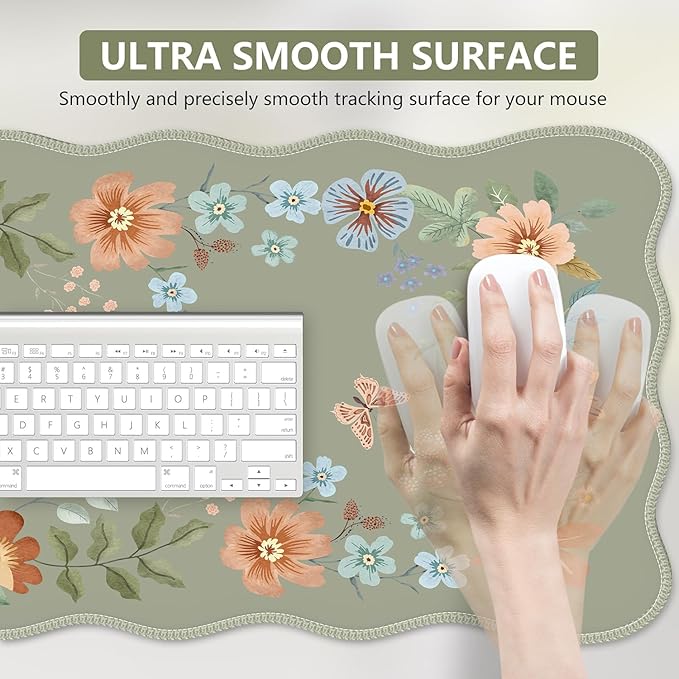 iCasso Scalloped Desk Mat for Keyboard and Mouse, Scalloped Large Mouse Pad, Floral Desk Pad Mat, Anti-Slip Big Mousepad with Stitched Edges for Computer (Bean Green)