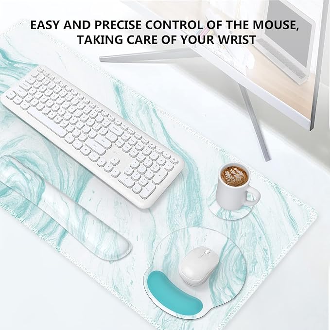 iLeadon Keyboard Mouse Pad Set, Large Gaming Mouse Pad + Keyboard Wrist Rest + Mouse Pad with Wrist Support + Coaster, Easy Typing, 4in1 Desk Mat Set for Home Office, Teal Turqoise Marble