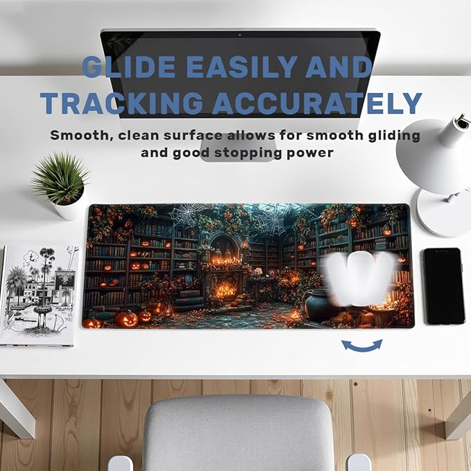 Library Desk Mat Gaming Mouse Pad Pumpkin Bookshelf Halloween Fireplace Mousepads Computer Keyboard Pad Mouse Mat Laptop Mat 31.5 x 11.8 Mouse Pads for Desk Home Office Gaming