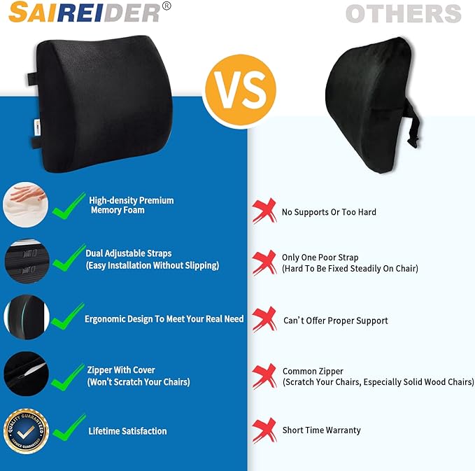 SAIREIDER Comfortable Lumbar Support Pillow for Office Chair, Memory Foam Back Support Pillows for Car、Gaming Chair、 Home Chair, Back Support Improve Posture, Double Adjustable Straps(Black)
