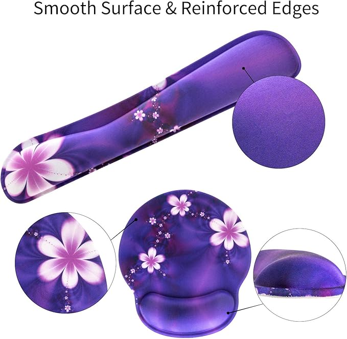 Ergonomic Keyboard Mouse Pad Wrist Rest Support Set for Laptop/Computer/Desktop,Memory Foam Hand Rest Wrist Cushion for Gaming/Office,Lightweight Comfortable (Purple, Flower)