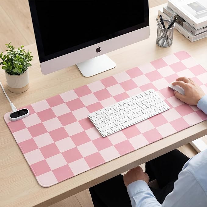 Konohan Heated Large Desk Mat PU Leather Cute Warm Mouse Pad with 5 Heating Level & 4 Hour Auto Shut-Off Heating Keyboard Pad Warmer Gaming Mice Mat Only Supports 110v(Pink Checkerboard, 31.5" X 13")