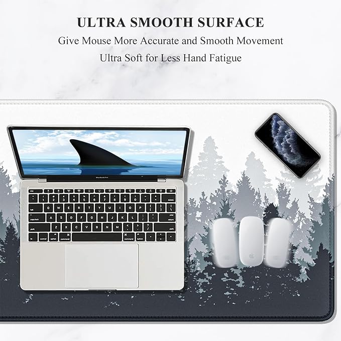 Auhoahsil Large Gaming Mouse Pad, Forest Theme XXL 35.4 x 15.7 in Desk Pad Stitched Non-Slip Rubber Long Computer Mousepad Thin Extended Full Size Desk Mat for Desktop, Laptop, Wireless Mice, White
