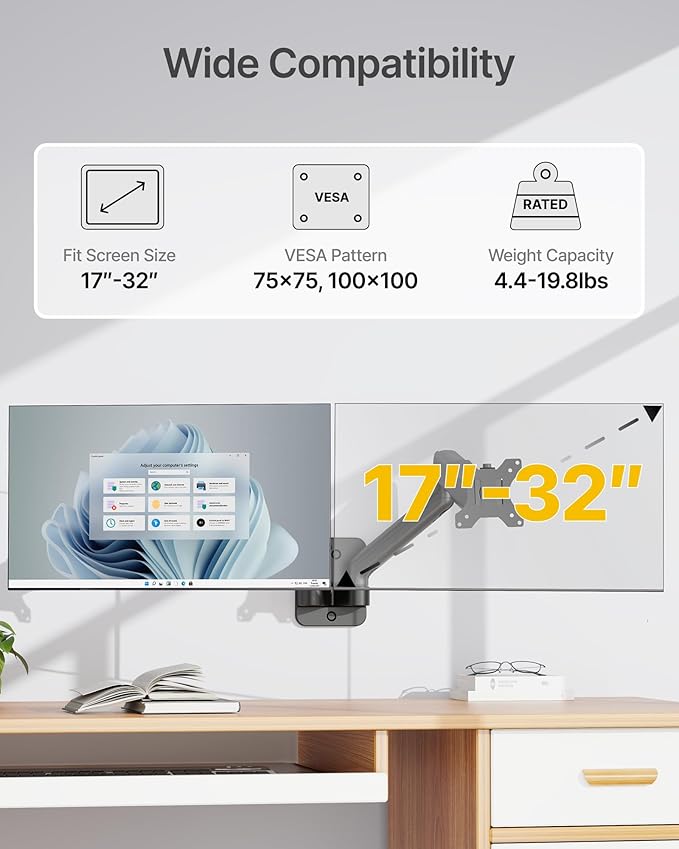 monTEK Dual Monitor Wall Mount for 17 to 32 inch Flat/Curved Screens, Each Holds to 19.8 lbs, Full Motion Adjustable Mechanical Spring Monitor Arm, 75x75/100x100 VESA Wall Mount, Black