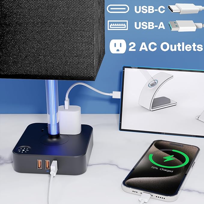 Bedside Table Lamp - Touch 3 Way Dimmable Lamp with 3 USB Charging Ports & 2 AC Outlets, Square Base Rectangular Flaxen Shade, Bedroom, Office, Dorm, Decor, LED Bulb Included (Black-Black)
