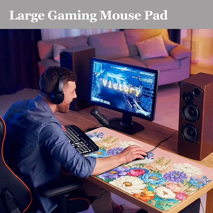 Desk Pad Peony Flowers, Desk Matt for Desktop Women Girls Floral Gaming Mouse pad Extend XXL Large Anti-Slip with Stitched Edges Waterproof Computer Laptop Keyboard Mat for Gaming, Home, Work, Office