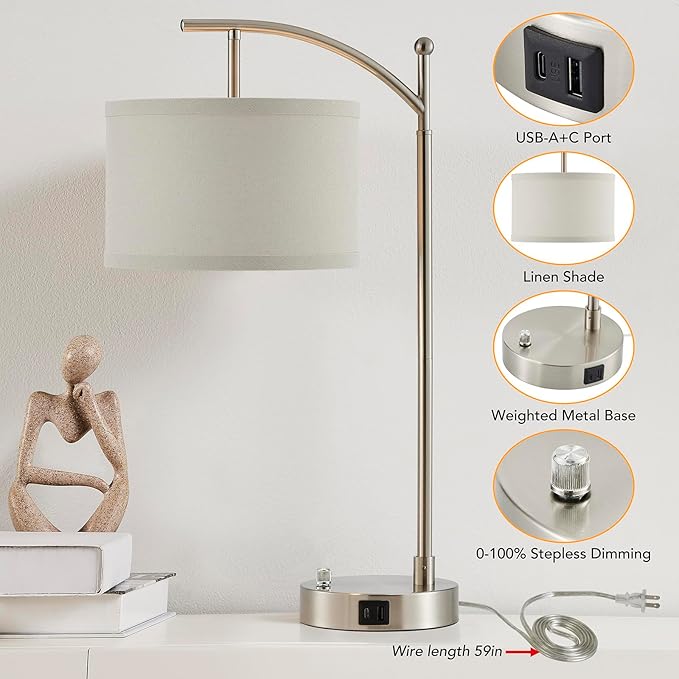 Table Lamp for Living Room Bedroom, 23.5" Table Lamps Set of 2 with USB C+A Ports, Bedside Lamps for Nightstand with Linen Lamp Shades, 2 Dimmable LED Bulbs Included, Silver