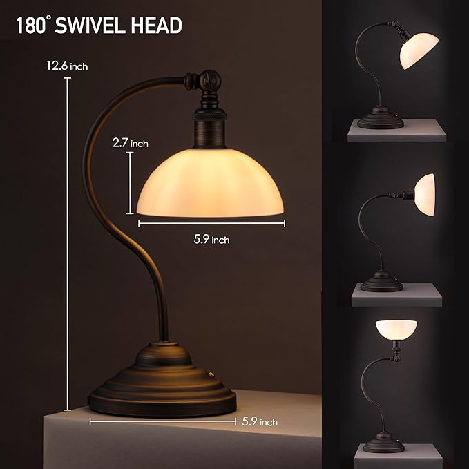 O'Bright Bankers - Cordless LED Table Lamp, Battery-Operated, Rechargeable, 3-Level Dimming, Universal USB-C Charging, 180° Swivel Head, White Jade Glass Shade, Oil Rubbed Bronze