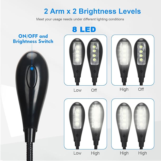 Music Stand Lights - 8 LED Book Light, Piano Light Clip On, USB & AAA Battery Powered, Eye Care & Portable, 2 Arm x 2 Brightness Levels, Ideal for Musician, Piano Player, Orchestra, Travel