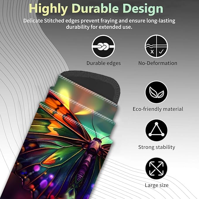 Extended Non-Slip Mouse Pad + Mouse Wrist Rest + Lace-Shaped Coaster Set, Ergonomic Design, Suitable for Desk and Home Gaming Table Mat, Psychedelic Butterfly