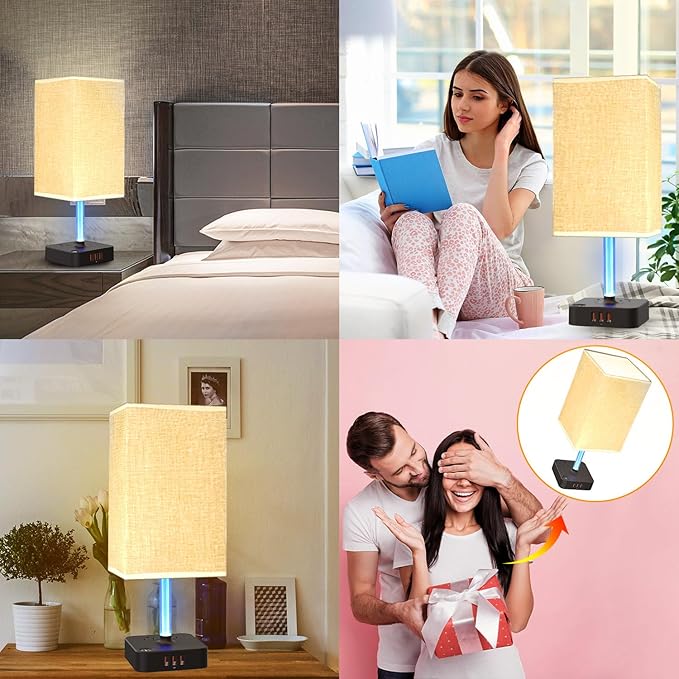Bedside Table Lamp - Touch 3 Way Dimmable Lamp with 3 USB Charging Ports & 2 AC Outlets, Square Base Rectangular Flaxen Shade, Bedroom, Office, Dorm, Decor, LED Bulb Included (Black-Beige)