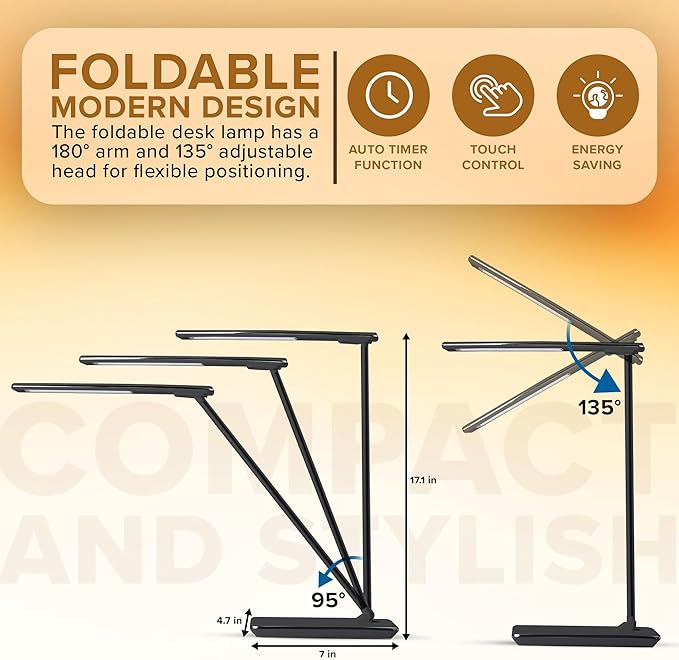 LED Desk Lamp | Wireless Charger & USB Port | 4 Color Modes & 10 Brightness Levels | Eye Caring Touch Control Lamp with Auto Timer | Foldable Adjustable Arm | Modern Light for Office Bedroom