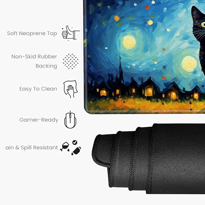Large Mouse Pad Gaming Desk Mat Black Cat Mousepad XXL 31.5''X15.75'' Desk Pad Extended Mouse Mat of Girl Desktop Computer with Coaster