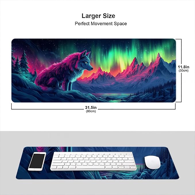 Wolf Desk Mat Colorful Aurora Borealis Mountain Fantasy XL Mouse Pad Large Mousepad Extended Laptop Keyboard Mat Gaming Desk Pad Mouse Mat 31.5"x11.8" Office Computer Keyboard Laptop Home