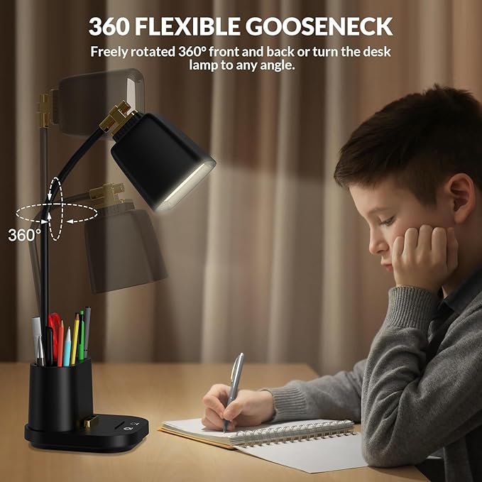 Desk Lamp with USB Charging Port & Pen Holder, LED Desk Light for Home Office, Touch Dimmable, Ideal for Study, Reading, and Work (Black)