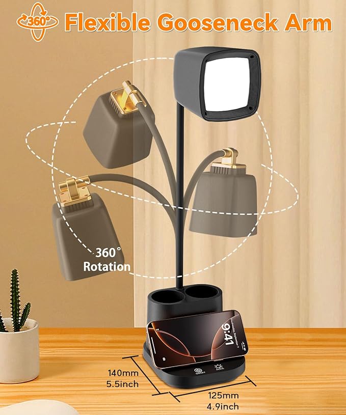 Desk Lamp with USB Charging Ports & Organizer, Small Table Lamps for Home Office/Bedroom/College Dorm Room, Eye-Caring LED Light W/USB Charger for Study/Reading/Artists/Work/Task,Gooseneck Desk Light