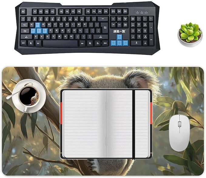 Large Ergonomic Gaming Mouse Pad Baby Koala on Eucalyptus Branch - Adorable Wildlife Theme with Non-Slip Base Water-Resistant Surface and Stitched Edges 40X75cm