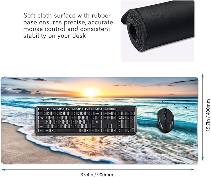 Gaming Mouse Pad,Large Mouse Pads for Desk,Non-Slip Rubber Base Extended Mousepad,XXL Keyboard Mouse Mat,Stitched Edges Computer Keyboard Desk Pad,35.4x15.8inch,Beautiful Sunrise Beach