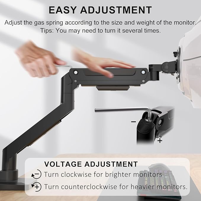 WALI Ultrawide Single Monitor Arm for 13-49 Inch Heavy Duty Curved Screens, up to 44 Lbs, Adjustable Gas Spring Single Monitor Desk Mount with C-Clamp, Grommet Base, 75/100mm VESA (GSM001XL), Black