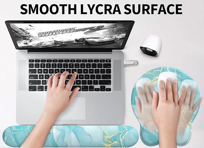 eulps Mouse Pad Wrist Support, Ergonomic Memory Foam Keyboard Wrist Pad & Gel Wrist Rest Set for Computer Keyboard for Easy Typing for Office & Home(Blue Marble Set)