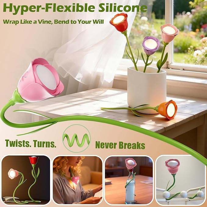 Rose Flower Lamp Rechargeable Reading Light for Bed,3-Color Modes Adjustable Brightness Small Night Light Neck Reading Light,Festival Gifts for Kids Mom Girlfriend Grandma (Pink)