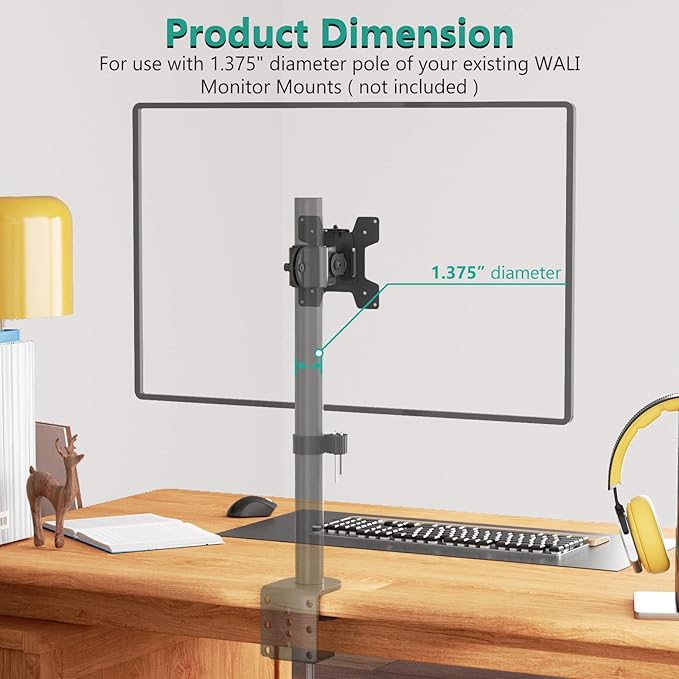 WALI Monitor Pole Mount for Universal Monitor Mounting System, Pole Mount Bracket Fits 1.375”Diameter Pole, Mounting Holes for 75 x 75mm and 100 x 100mm (VES01), Black
