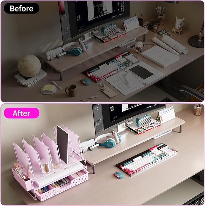 Pink Desk Organizer, Office Organization with Vertical File Holder, File Organizer with Drawer and Pen Holder, Desk Accessories and Workspace Organizers for Home Office (Pink)