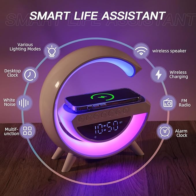 G-Type Wireless Charging Light,Wireless Charging Clock Alarm LED Desk Lamp All-in-One Machine, Suitable for Colored Environmental Lights in Bedrooms, Offices, and Homes