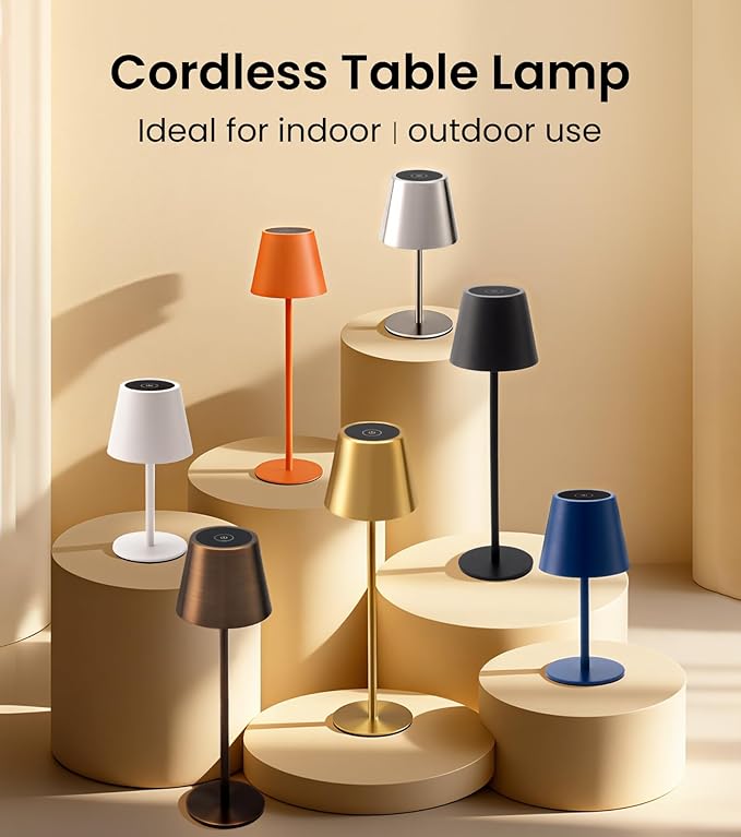 Cordless Table Lamp, Portable Battery Operated Lamp with 3 Color Temps and Stepless Dimming, Rechargeable Table Lamp for Dinner, Desk, Cafe, Outdoor (Brushed Gold)