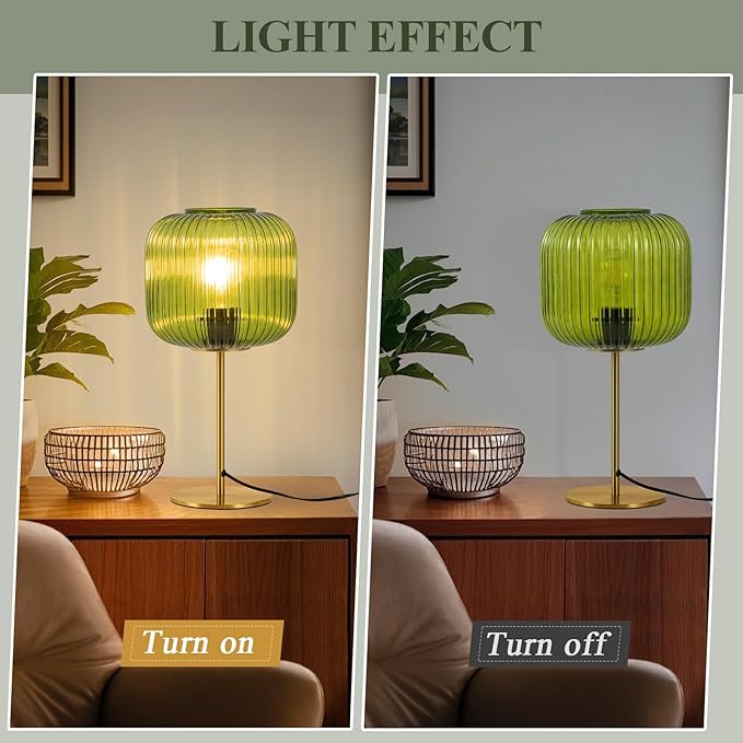 Vintage Glass Table Lamps, Small Green Bedside Table Lamp with Plug-in Style, Mid Century Modern Globe Nightstand Lamp for Bedroom, Gold Desk lamp for Bedroom Living Room Office