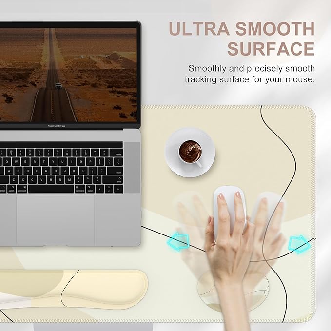 iCasso Extra Large Mouse Pad with Wrist Rest, 3in1 Big Full Desk Mousepad + Keyboard Wrist Rest + Mouse Wrist Rest, Easy Typing & Comfort, Ergonomic XXL Ultra Thick Long Desk Mat (Brown Art)