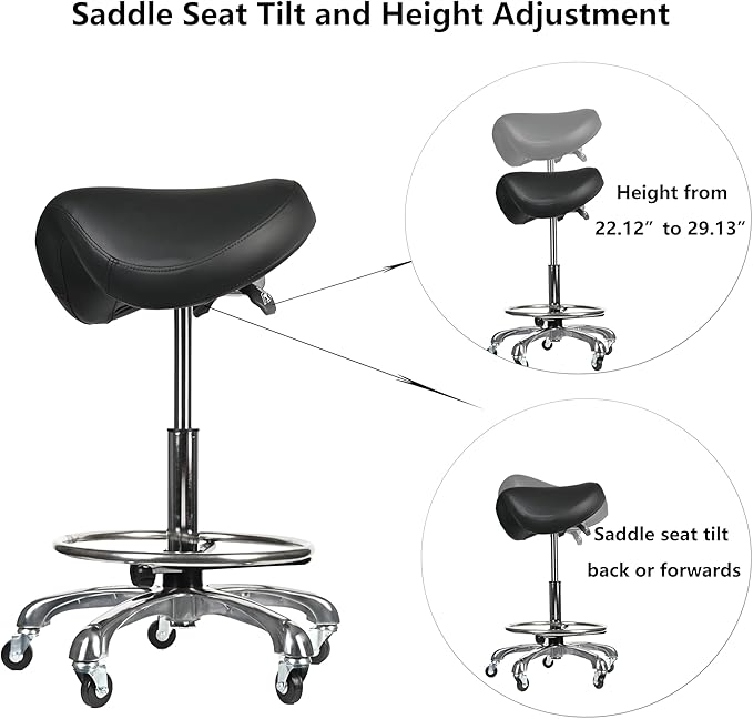 Saddle Tilting Stool Rolling Chair with Thicker Seat Swivel Ergonomic Height Adjustable Footrest Wheels for Beauty Spa Salon Dental Medical Clinic Kitchen Home Office Shop Bar Black