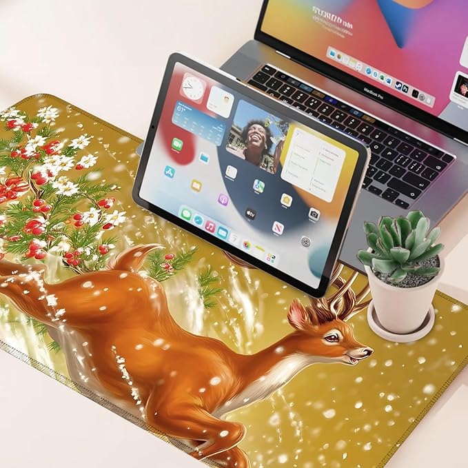 Desk Mat, XXL Extended Gaming Pad for Desktop, 31x12 Inches Winter Reindeer Running in Snow, Large Non-Slip Vegan Leather Surface with Stitched Edges, Keyboard Mouse Mat for Home Office