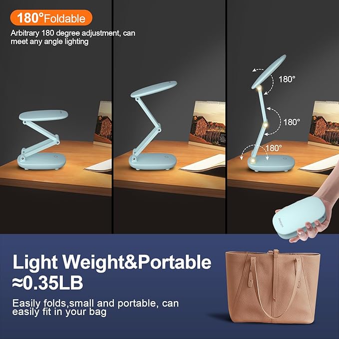 LED Desk Lamp for Office Home & Battery Operated Lamp Rechargeable Lamp Foldable & Portable Light, [2-Fold Bracket] 3 Brightness Dimmable Small Desk Lamp Wireless Reading Lamp (Green)
