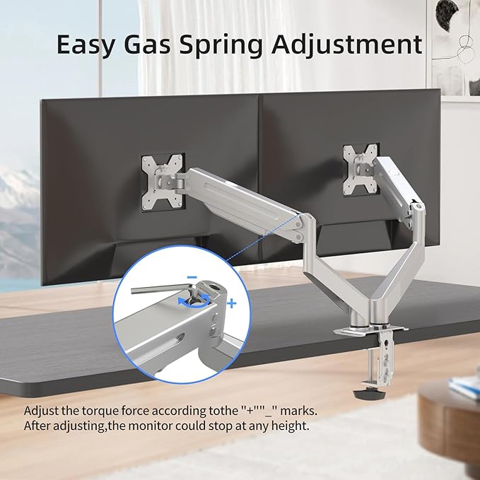 Suptek Dual Monitor Mount Stand-Height Adjustable Gas Spring Monitor Arm Desk Mount for 2 Computer Screens 17 to 32 inches - Each Arm Holds up to 22lbs,Silver(MD8SPS)