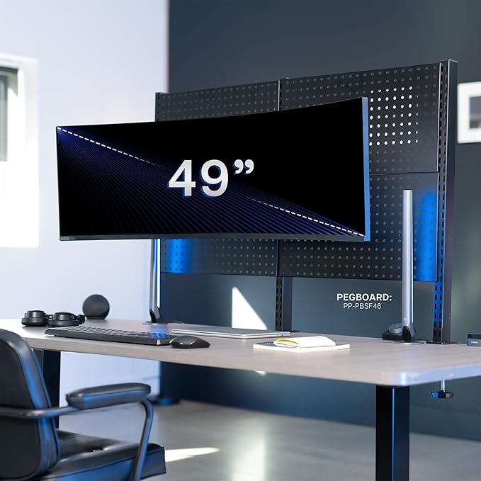 VIVO Articulating Ultrawide Monitor Pegboard Mount, Fits Screens up to 49 inches and Peg Boards up to 0.25 inches Thick with 1 inch Hole Spacing, Black, MOUNT-PB1U