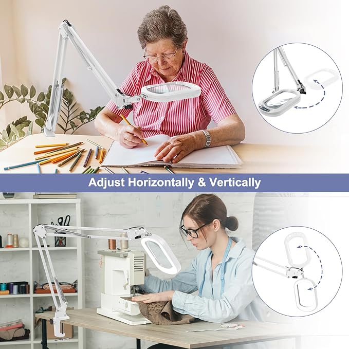 10X Large Magnifying Glass with Light and Clamp, Real Glass, 5 Color Modes, Stepless Dimmable, Lighted Magnifier with Stand Hands Free, LED Swing Arm Desk Lamp for Close Work, Craft, Reading - White