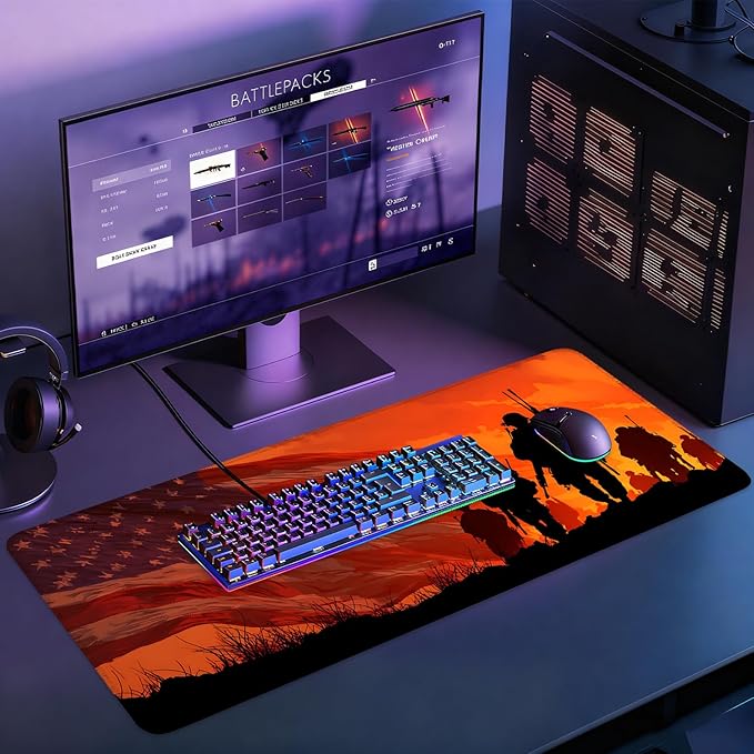 Desk Mat, XXL Extended Gaming Pad for Desktop, 35x16 Inches Patriotic Soldier Silhouette with Flag, Large Non-Slip Vegan Leather Surface Keyboard Mouse Mat for Home Office