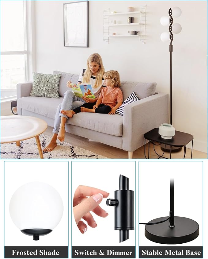 Lightdot Dimmable Globe Floor Lamp, Black Standing Lamps with 4pcs 3000K G9 Bulbs Soft Warm White Eye Care, Mid Century Floor Lamp for Living Room/Bedroom
