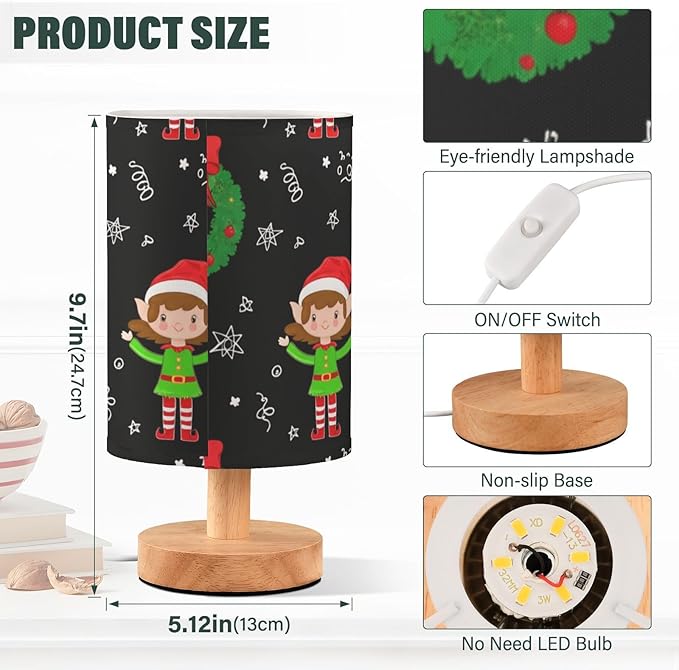 Elf Christmas LED Table Lamp, Bedside Lamp with Linen Lampshade, Flicker-Free Eye Care USB Plug in Nightstand Lamp, for Bedroom and Office