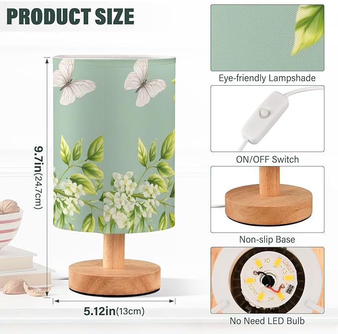 Green Butterfly LED Table Lamp, Bedside Lamp with Linen Lampshade, Flicker-Free Eye Care USB Plug in Nightstand Lamp, for Bedroom and Office
