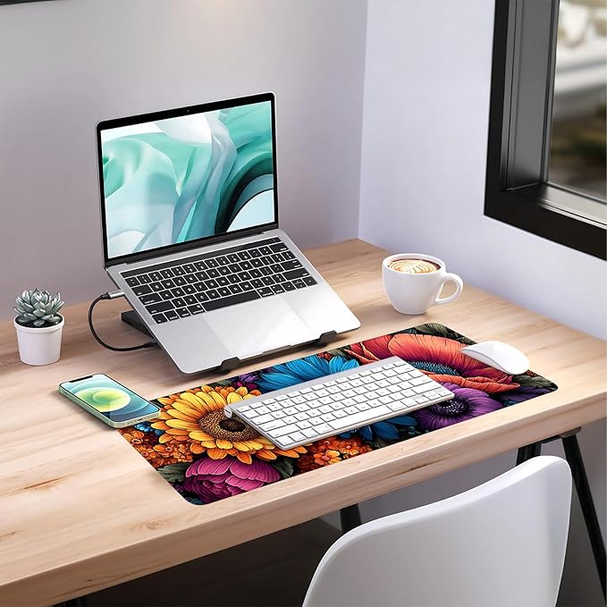Spring Flowers Extended Gaming Mouse Pad 31.5x11.8inches Large Desk Mat Anti-Slip Rubber Base & Durable Stitched Edges for Gamers Smooth Mouse Writing Surface for Desk Office/Home