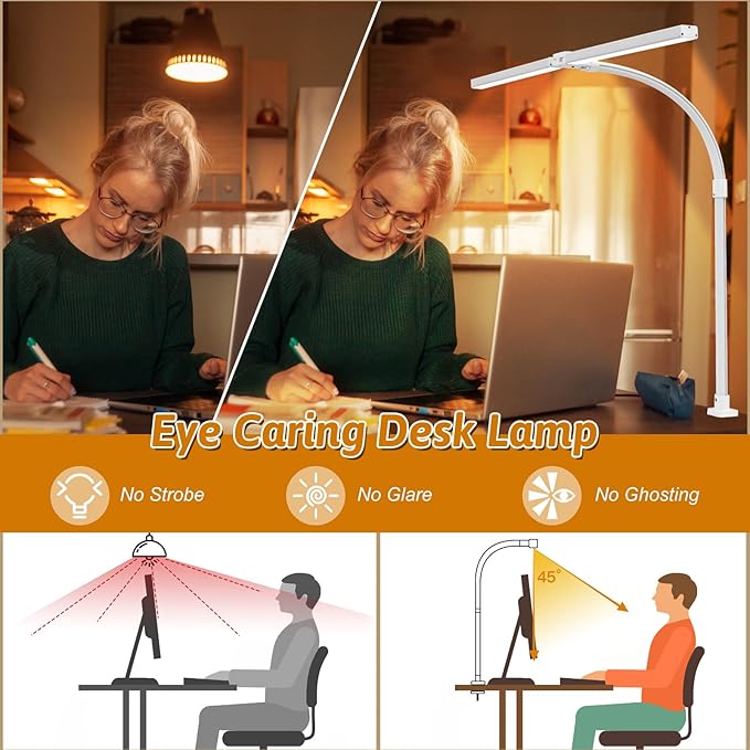 LED Desk Lamp for Office Dorm Home - Eye Caring Desk Light with Timer, Remote Control 24W Brightest Dual Screen Computer Monitor Gooseneck Dimmable Table lamp with Anti-Glare Cover Clamp & Base