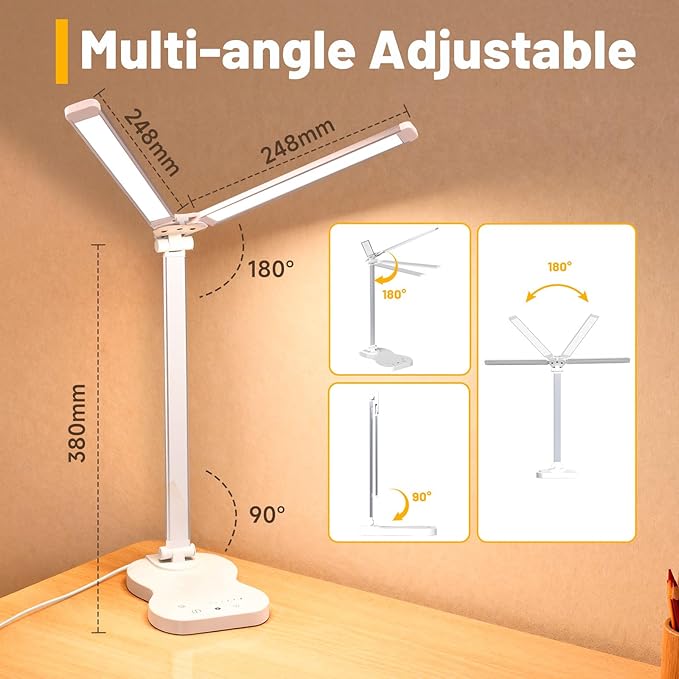 LED Desk Lamp with USB Charging Port, 5 Color Modes 10 Brightness, Dual Swing Arm Dimmable Desk Lamps for Home Office Nail Dorm (White)