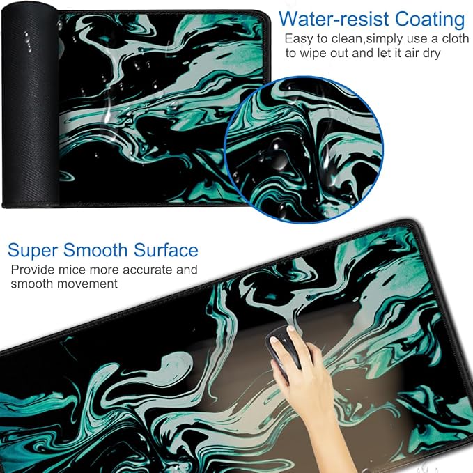 Large Mouse Pad, 31.5x15.7 inch Large Extended Computer Keyboard Mouse Mat, Water Resist Non-Slip Mousepad Rubber Base Long XXL Desk Mouse Pad for Gaming, Office & Home, Marble Cyan